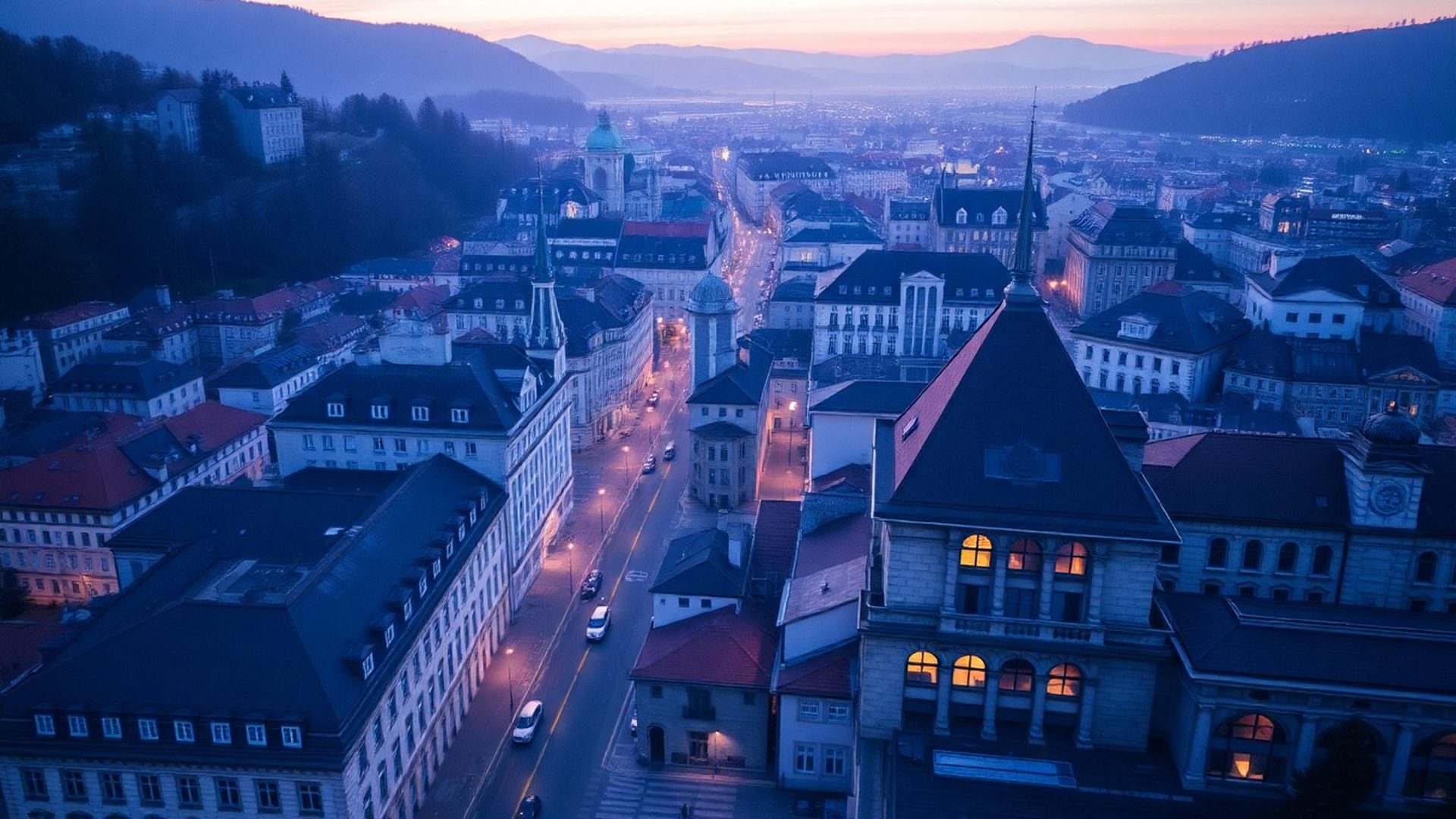 Pogled na Ljubljanski poslovni okrožje ob zori v modrih indigo tonih